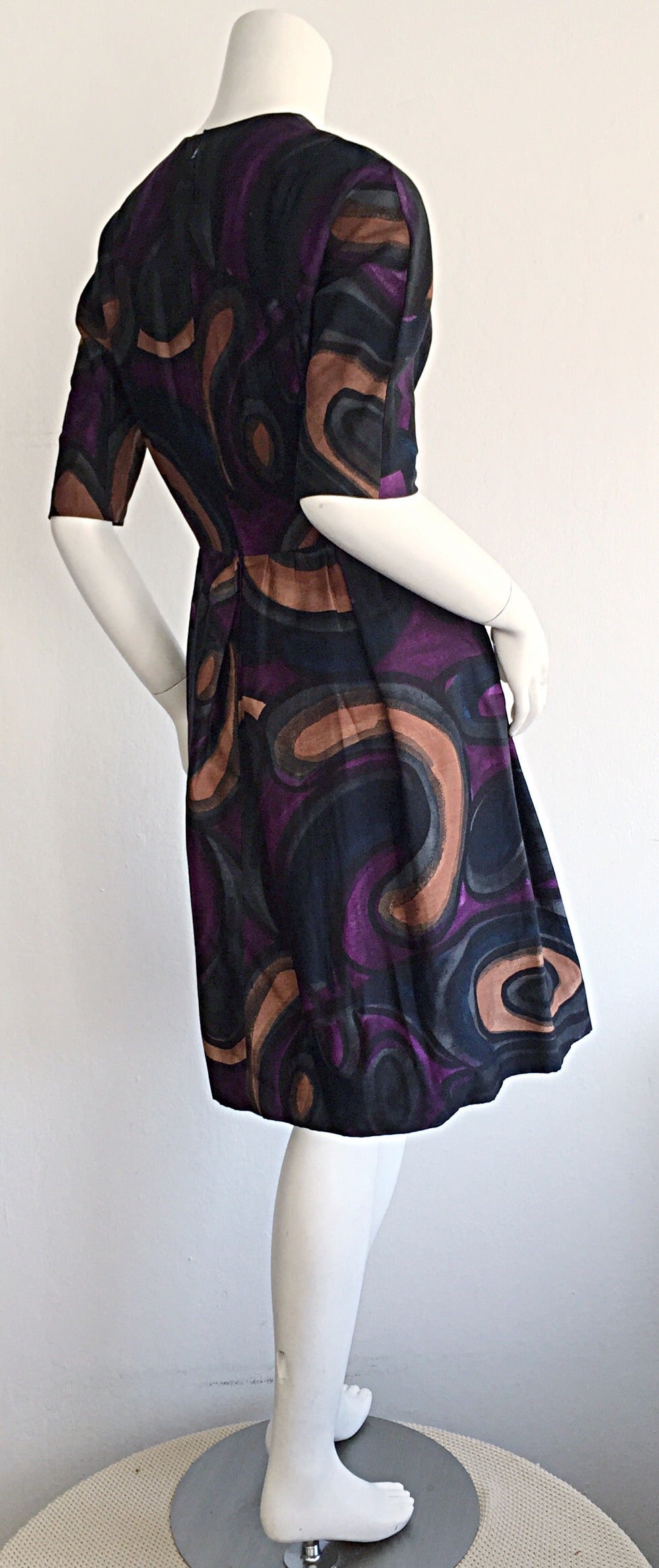 Rare 1950s Diala of Venice, Italy ' Tiki ' Print Op - Art Watercolor 50s Dress 2