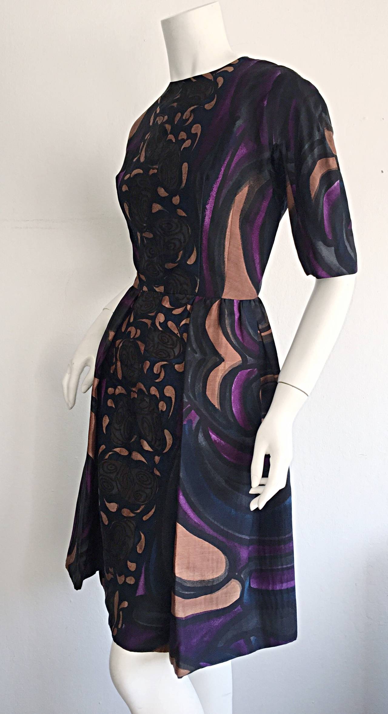 Rare 1950s Diala of Venice, Italy ' Tiki ' Print Op - Art Watercolor 50s Dress 3