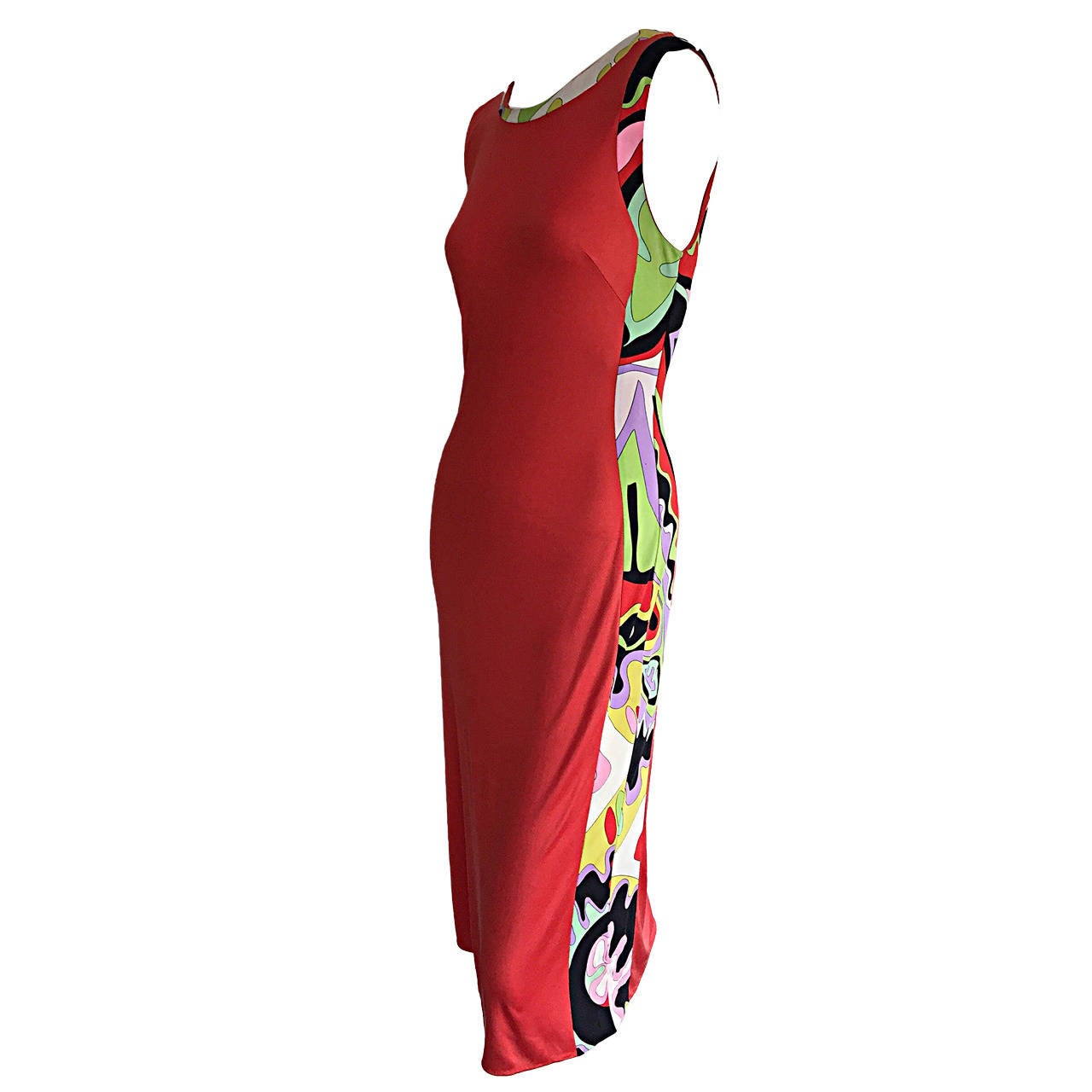 Sexy Vestido con estampado lateral de punto de seda naranja brillante de Emilio Pucci vintage de los años 90 en venta