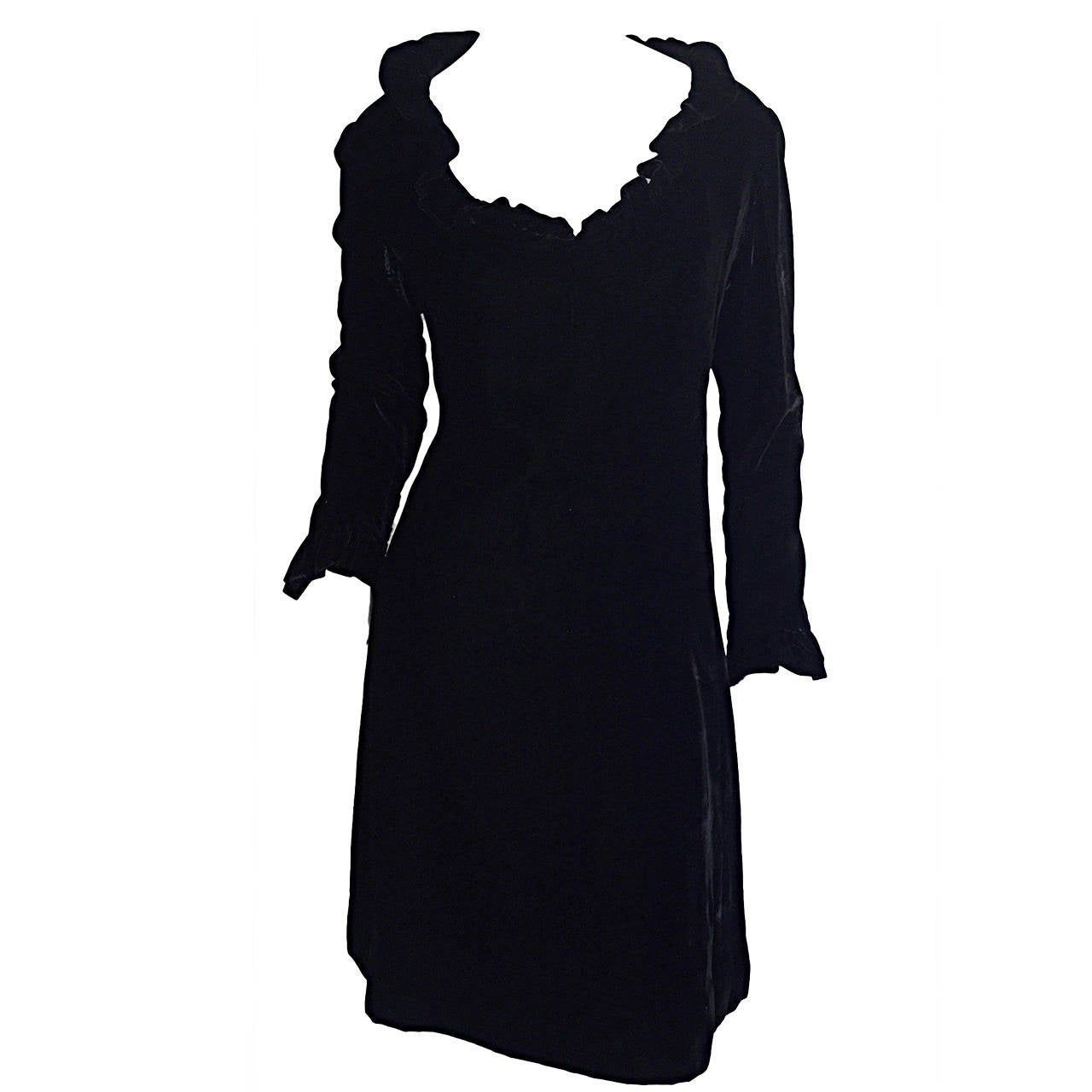 Beautiful 1960s Mollie Parnis Black Silk Velvet Mod A - Line Dress