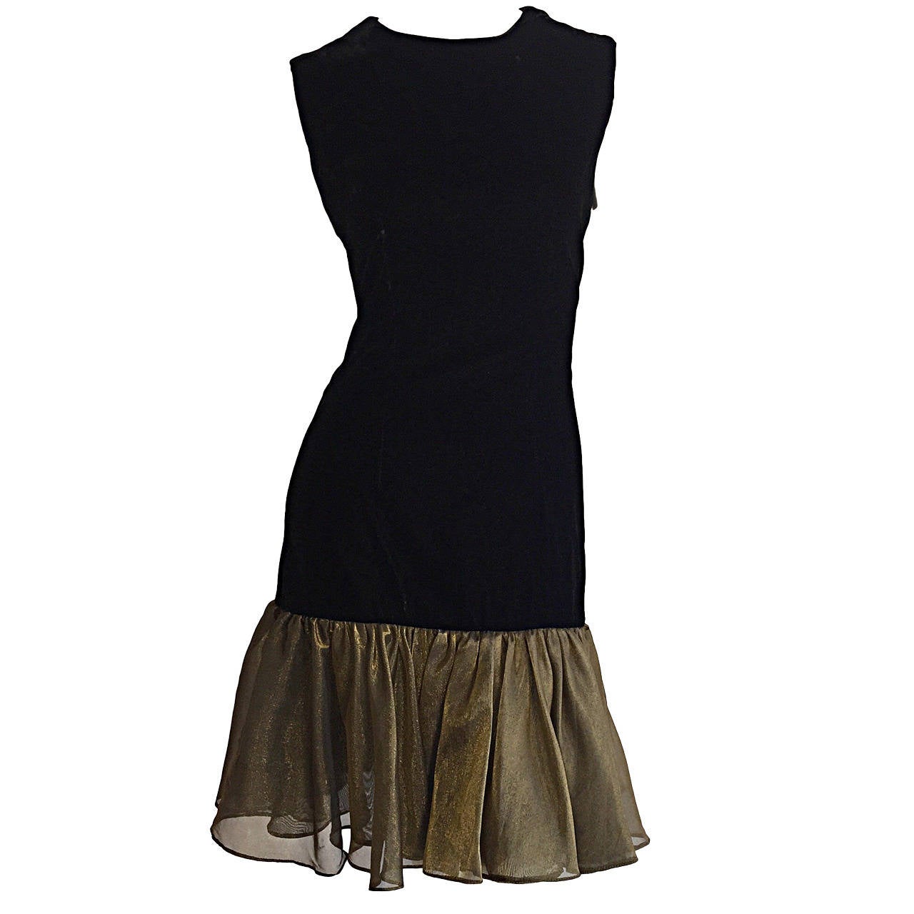 Vintage Cathy Hardwick Black Silk Velvet Dress w/ Gold / Bronze Ruffle Hem For Sale
