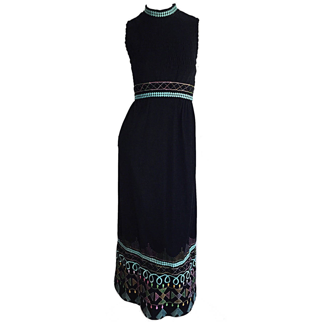 1970s Sandine Originals I. Magnin Black Embroidered Colorful Cotton Maxi Dress For Sale