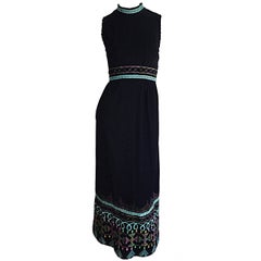 Retro 1970s Sandine Originals I. Magnin Black Embroidered Colorful Cotton Maxi Dress