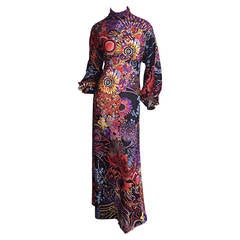 Incredible 1970s Daymor Couture Colorful Psychedelic Open - Back Asian Dress