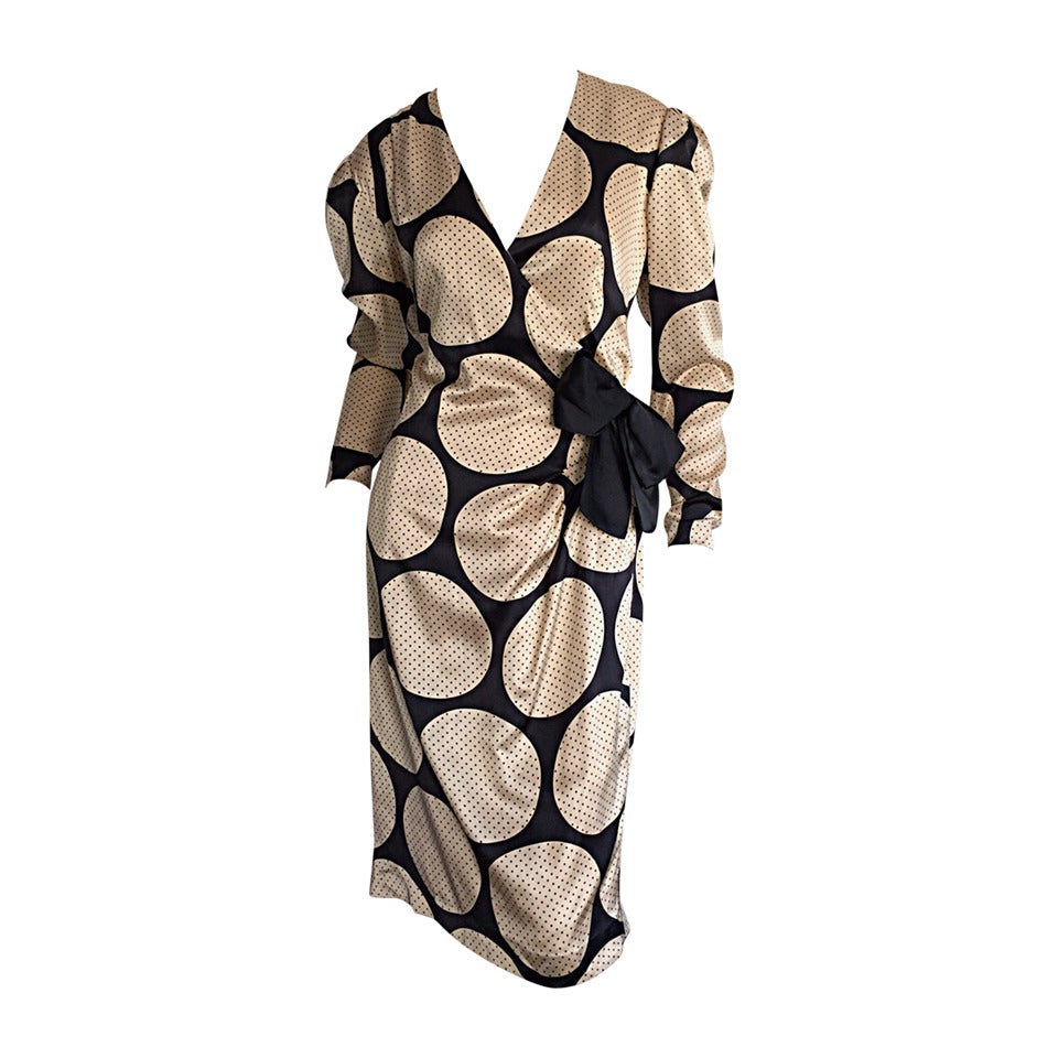 Vintage Hanae Mori Polka Dot / Pin Dot Silk Wrap Dress For Sale