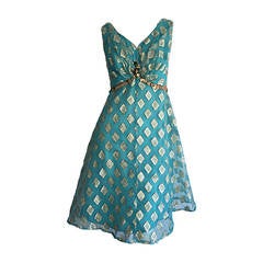 Beautiful 1960s 60s Aqua Blue + Gold A - Line Babydoll Dress w/ Palliates