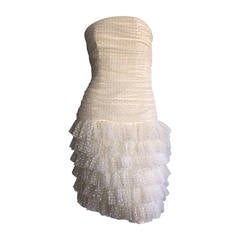1990s Carolyne Roehm White Polka Dot ' Feathered ' Strapless Wedding Dress 1