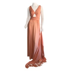 1970s Perullo for Fred Perlberg Coral Jersey Key - Hole Disco Maxi Dress + Shawl