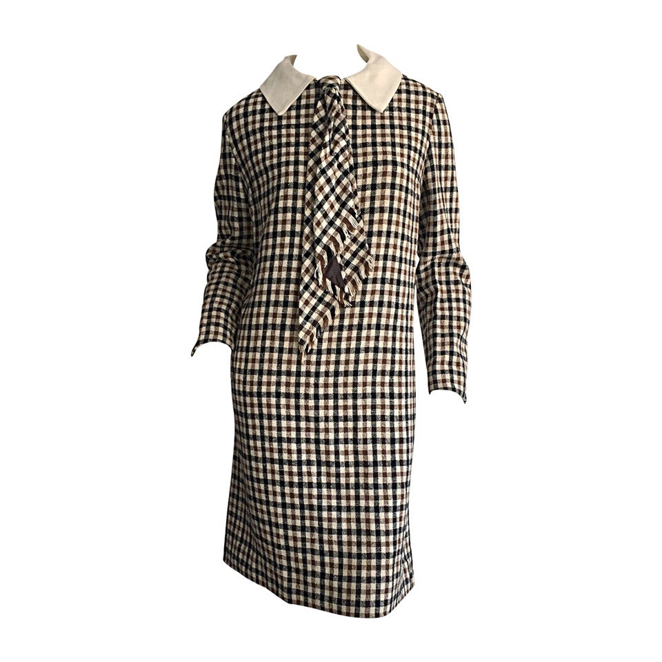 Chic 1960s I. Magnin Plaid ' Twiggy ' Tie Dress w/ Detachable Peter Pan Collar