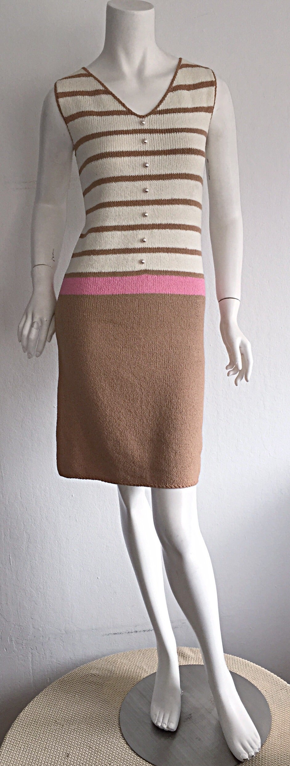 Tres chic 1960s vintage St. John knit dress! Pink/tan/cream stripes, with 7 pearls down the bodice. One of the earliest St. John pieces to own! Looks great with sandals, wedges, or heels. In great condition. Approximately Size Small-Medium (lots of