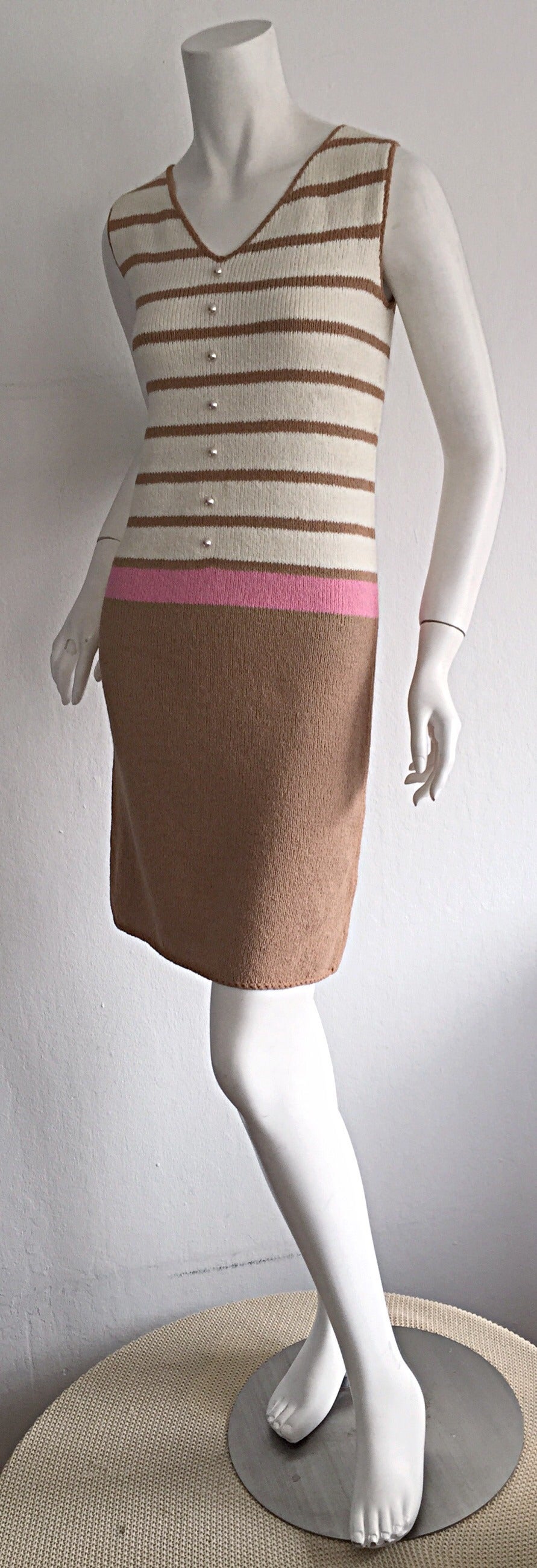 Adorable 1960s St. John Pink + Tan Stripe Knit Twiggy Dress w/ Pearls ...