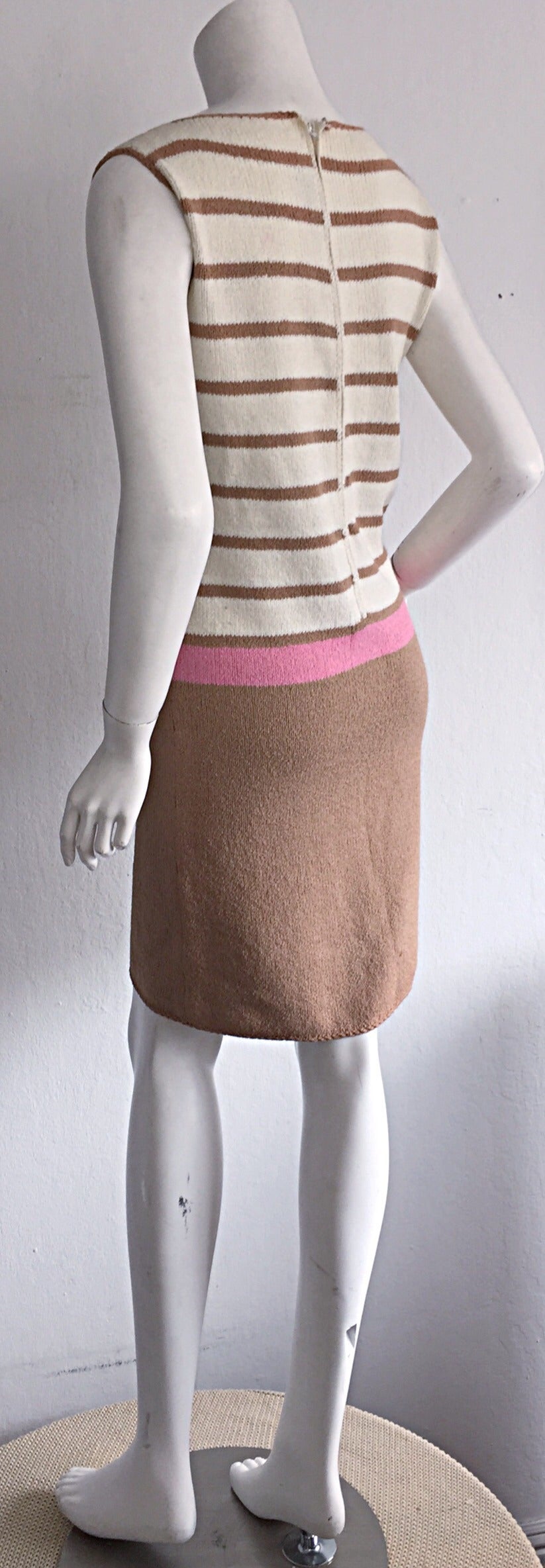 Brown Adorable 1960s St. John Pink + Tan Stripe Knit Twiggy Dress w/ Pearls