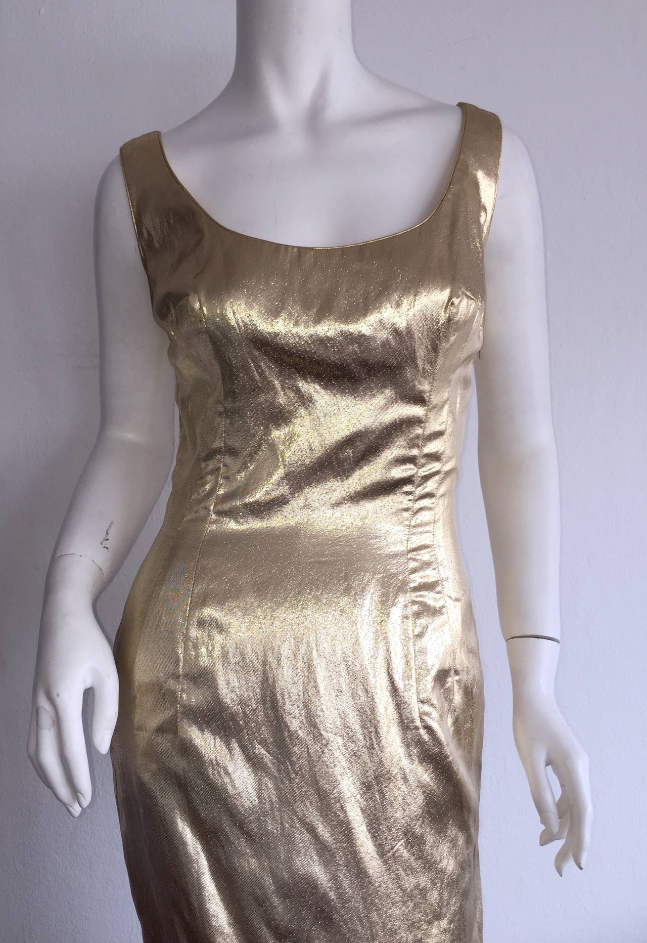 Brown Bombshell 1950s Mr Blackwell 50s Vintage Couture Gold Metallic Wiggle Dress Gown For Sale