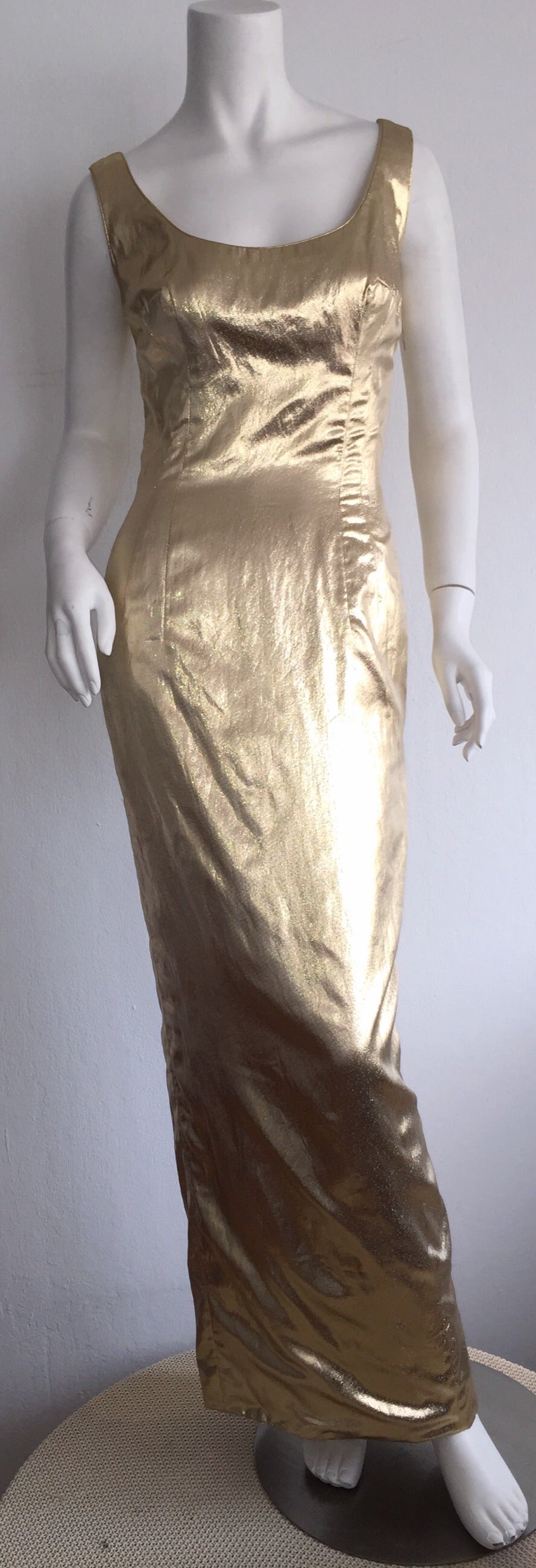 Bombshell 1950s Mr Blackwell 50s Vintage Couture Gold Metallic Wiggle Dress Gown In Excellent Condition For Sale In San Diego, CA