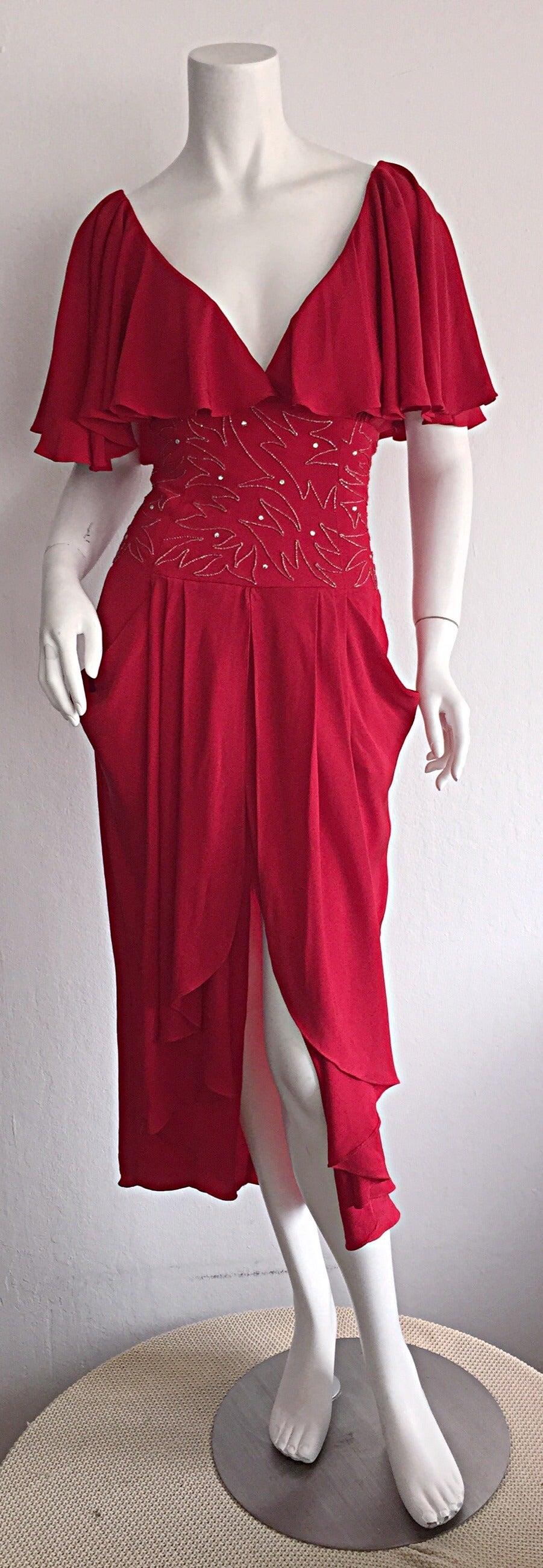 Women's Beautiful Vintage Eletra Casadei Lipstick Red Flutter Dress w/ Rhinestones For Sale