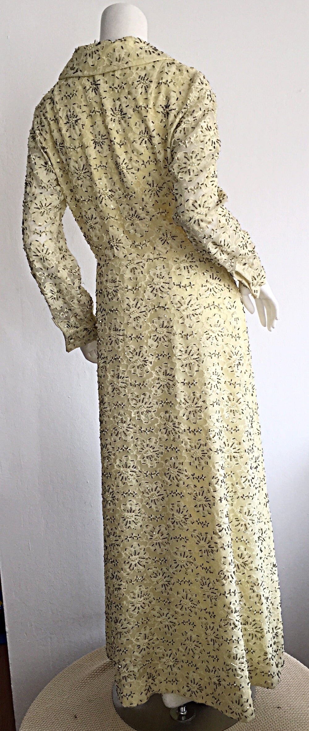 Brown Beautiful Jack Bryan 1960s 1970s Pale Yellow Heavily Beaded Lace Dress For Sale