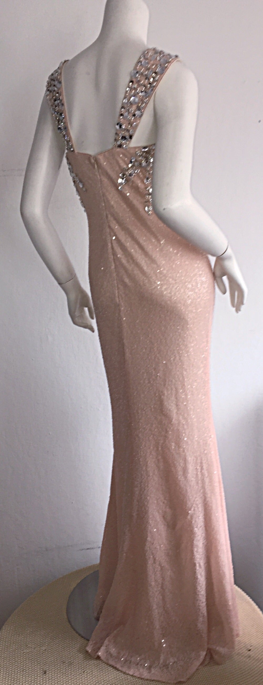 Brown Stunning Early 1990s Custom All Over Sequin + Crystals Pink Vintage Mermaid Gown For Sale