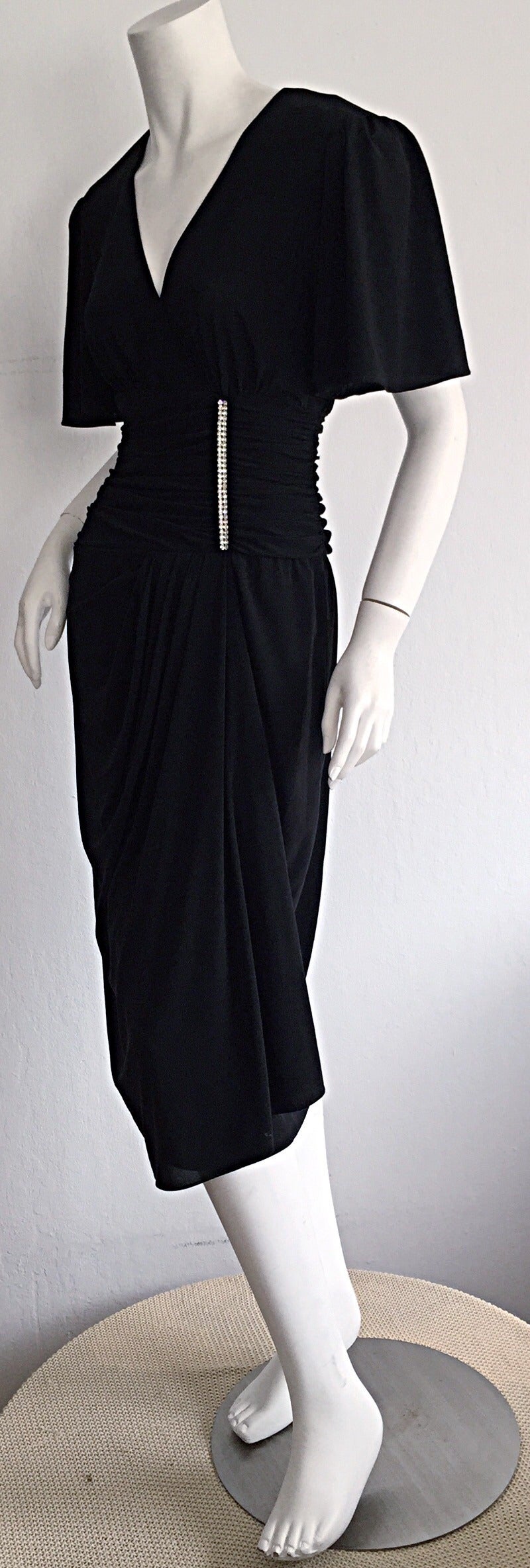 Women's Gorgeous Vintage Neiman Marcus 1940s Style Classic Black Dress w/ Rhinestones For Sale