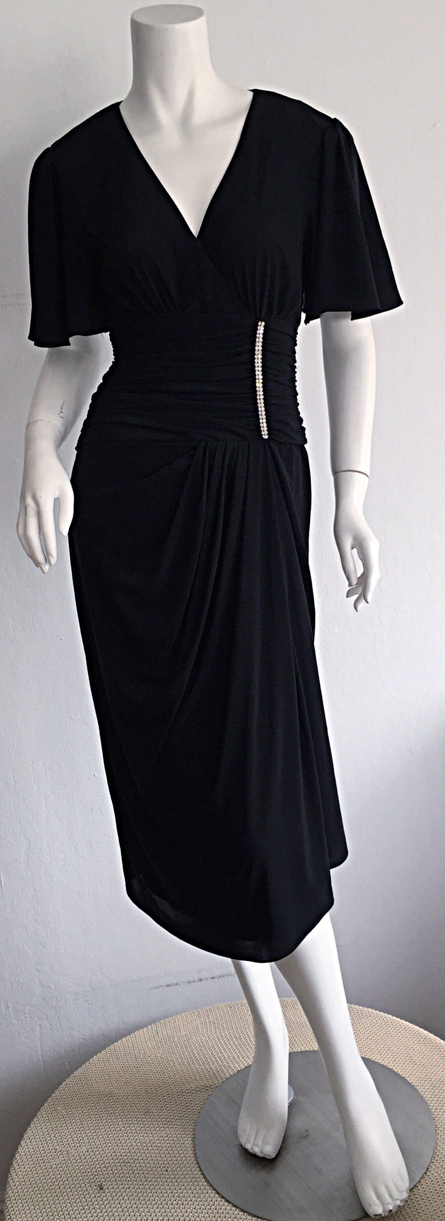 Gorgeous Vintage Neiman Marcus 1940s Style Classic Black Dress w/ Rhinestones For Sale 1