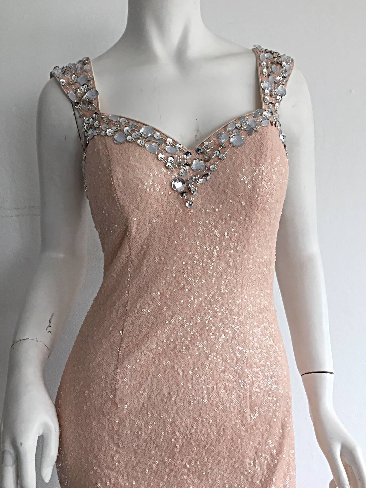 Stunning Early 1990s Custom All Over Sequin + Crystals Pink Vintage Mermaid Gown In Excellent Condition For Sale In San Diego, CA