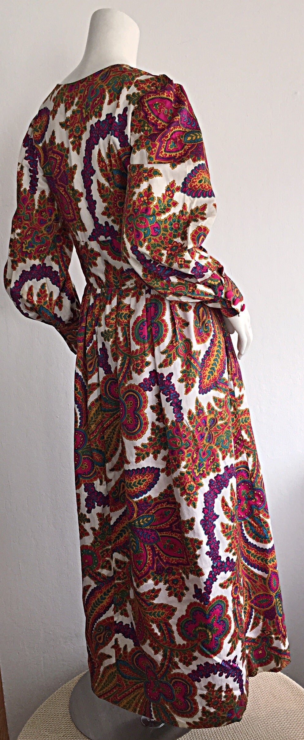 Brown 1970s Psychedelic Paisley Bohemian Billow Sleeve Silk Maxi Dress For Sale