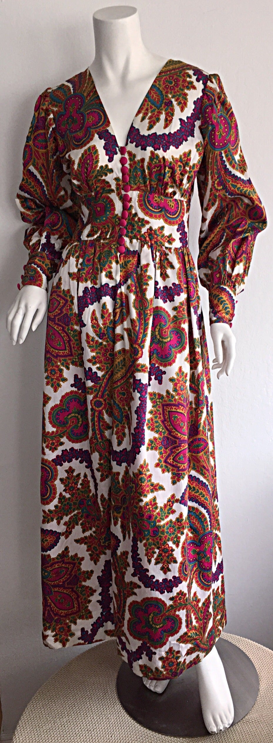 Women's 1970s Psychedelic Paisley Bohemian Billow Sleeve Silk Maxi Dress For Sale