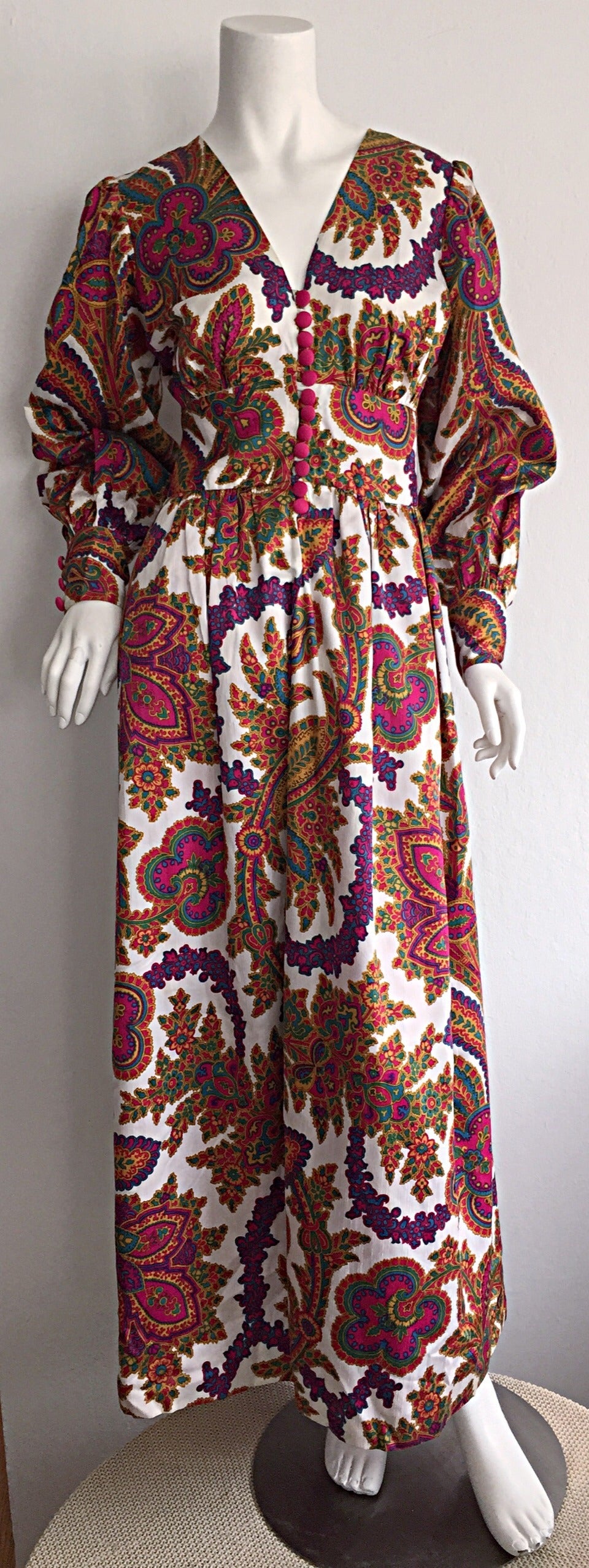 1970s Psychedelic Paisley Bohemian Billow Sleeve Silk Maxi Dress For Sale 1