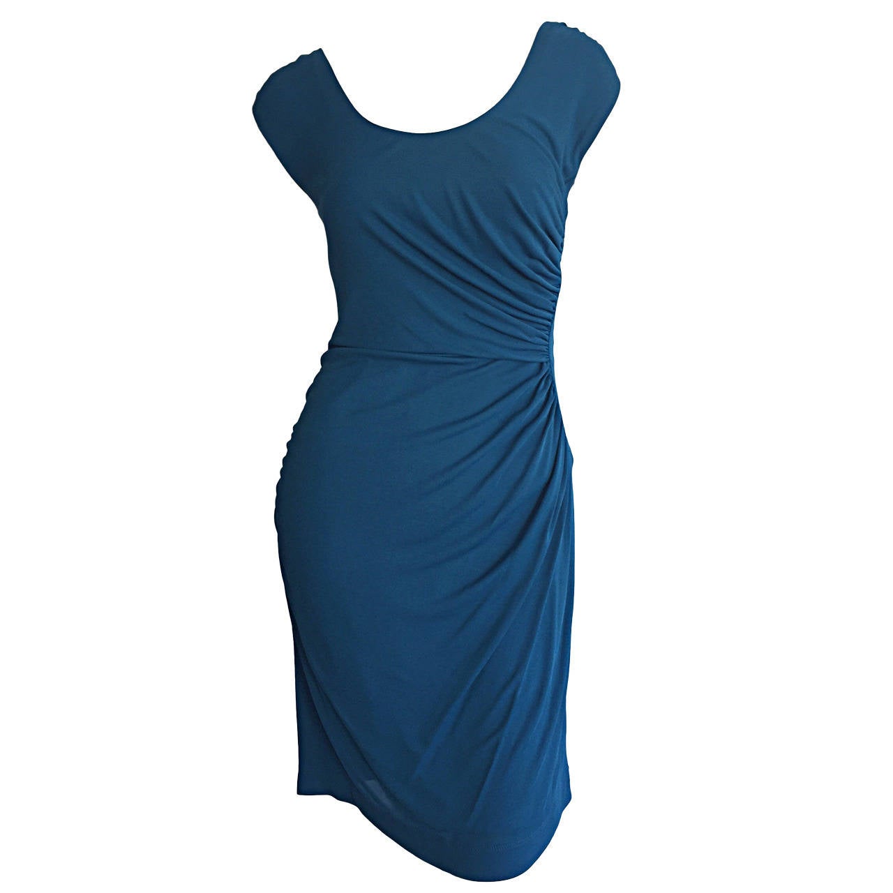 1990s Alberta Ferretti Size 6 / 8 Vintage Blue Jersey Draped Grecian Dress For Sale
