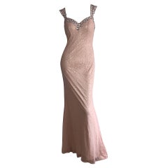 Stunning Early 1990s Custom All Over Sequin + Crystals Pink Vintage Mermaid Gown