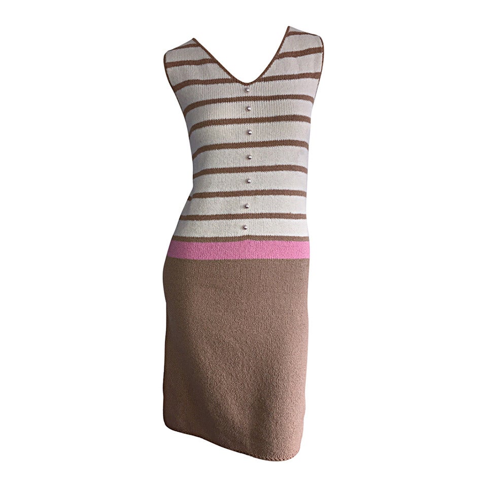Adorable 1960s St. John Pink + Tan Stripe Knit Twiggy Dress w/ Pearls