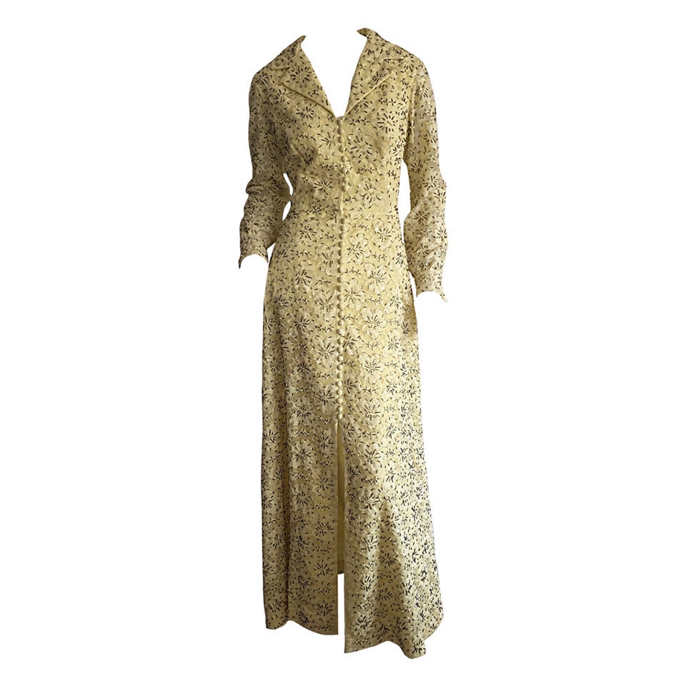 Magnifique robe Jack Bryan jaune pâle ornée de dentelle lourdement perlée (années 1960/1970) en vente