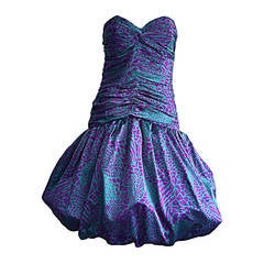 Amazing Vintage Vicky Tiel Blue + Purple Animal Print Ruched Party Pouf Dress
