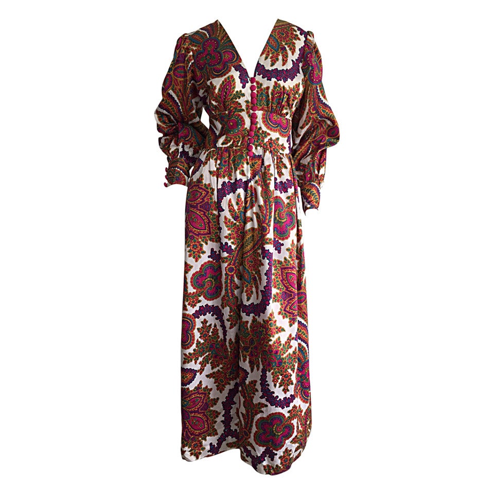1970s Psychedelic Paisley Bohemian Billow Sleeve Silk Maxi Dress For Sale