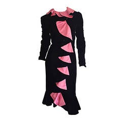Vintage Oscar de la Renta Black + Pink ' Flamenco ' Style Silk Velvet Dress