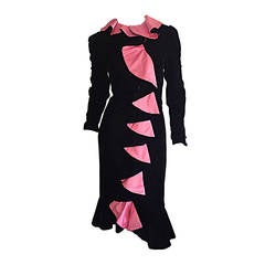 Used Oscar de la Renta Black + Pink ' Flamenco ' Style Silk Velvet Dress