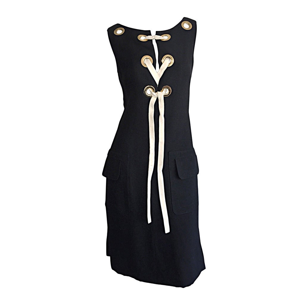 Rare 1960s Pierre Cardin Black Grommet Space Age 60s Vintage Linen Shift Dress