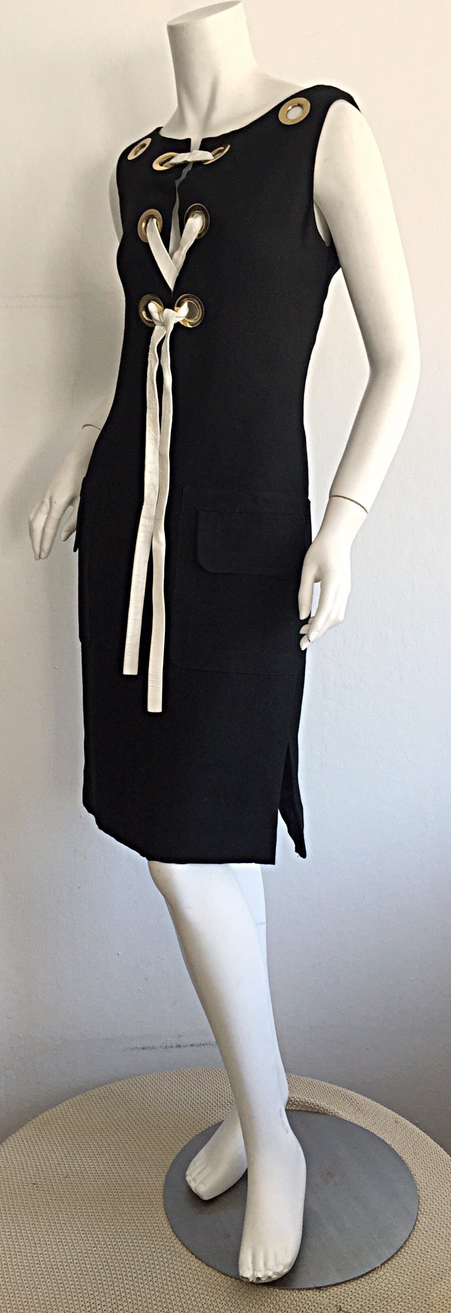 Women's Rare 1960s Pierre Cardin Black Grommet Space Age 60s Vintage Linen Shift Dress