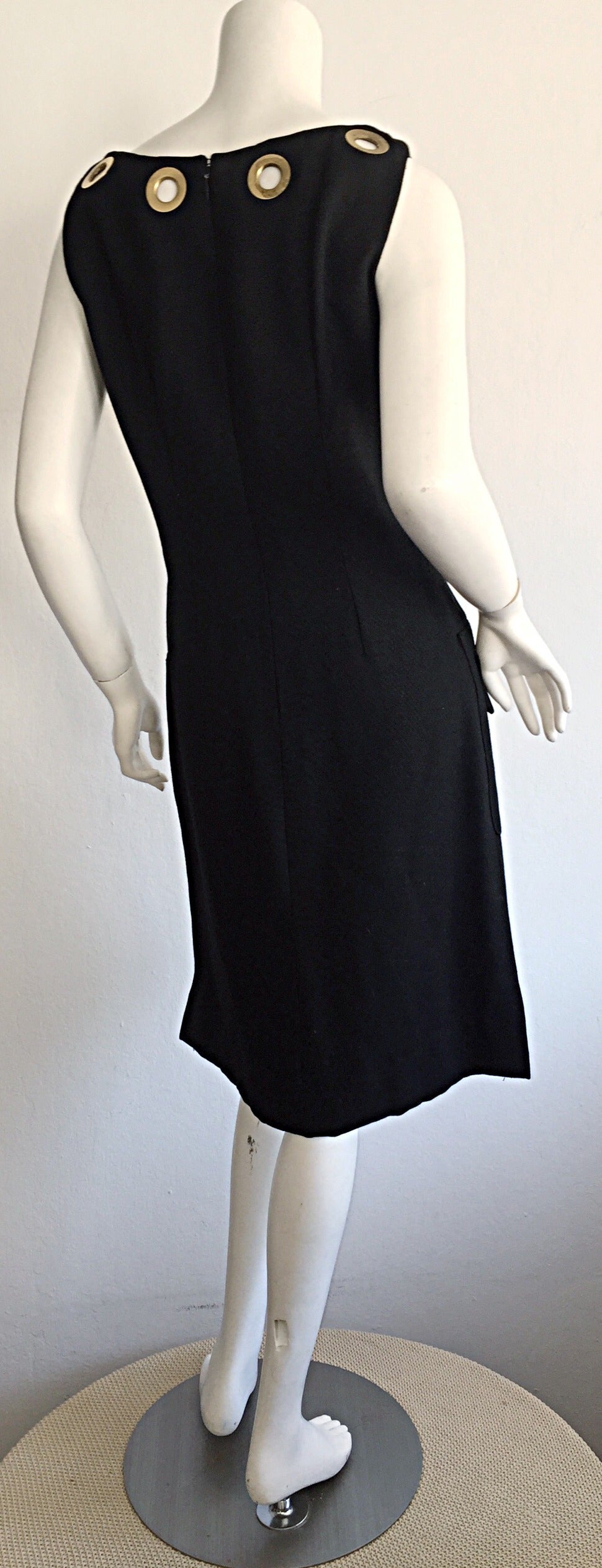 Rare 1960s Pierre Cardin Black Grommet Space Age 60s Vintage Linen Shift Dress 1