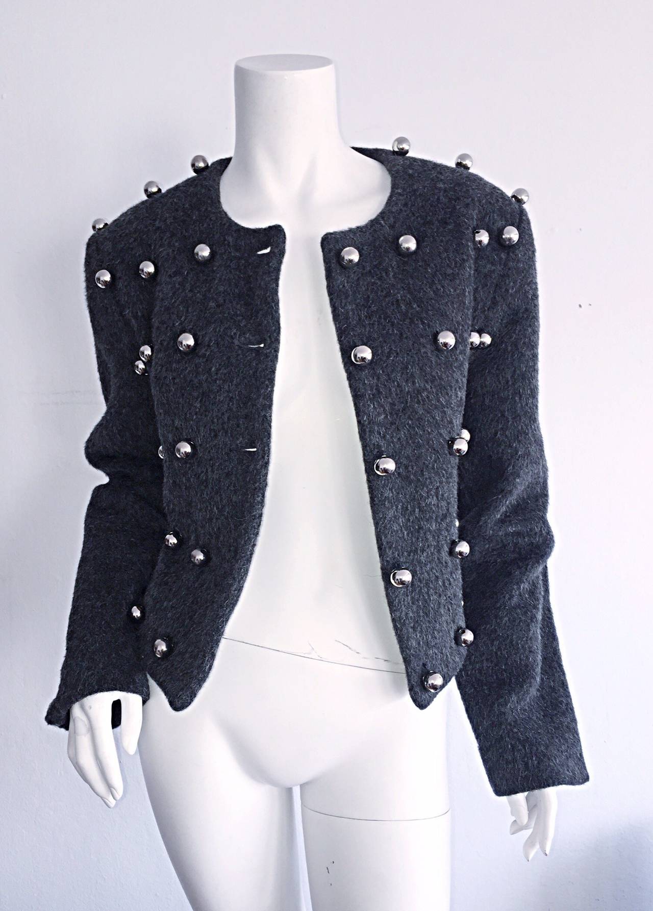 Vintage Patrick Kelly Vintage Holzkohle Grau 3 - D Silber Kugeljacke