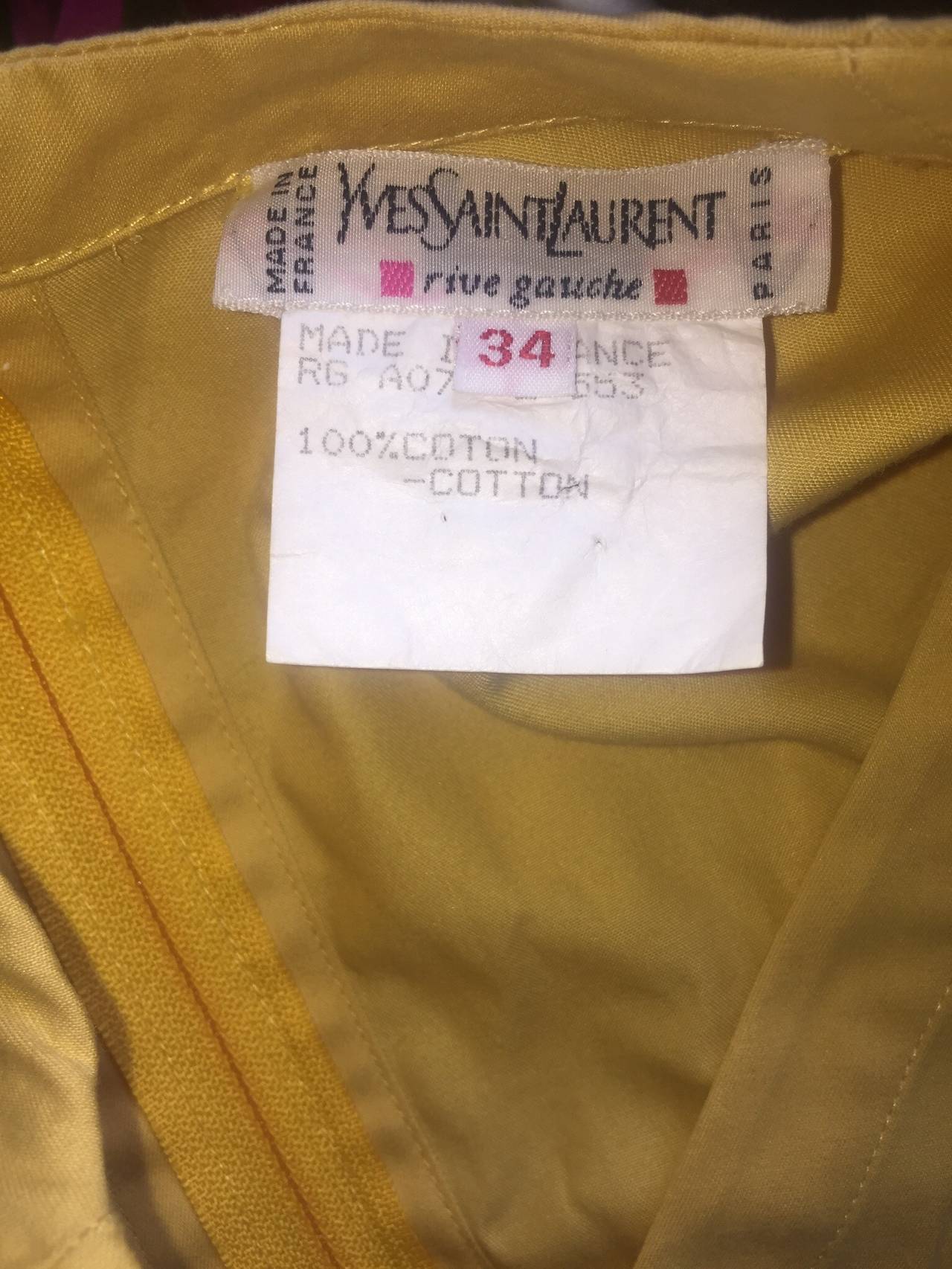 Vintage Yves Saint Laurent ' Rive Gauche ' Yellow Cotton Tunic Dress YSL For Sale 1