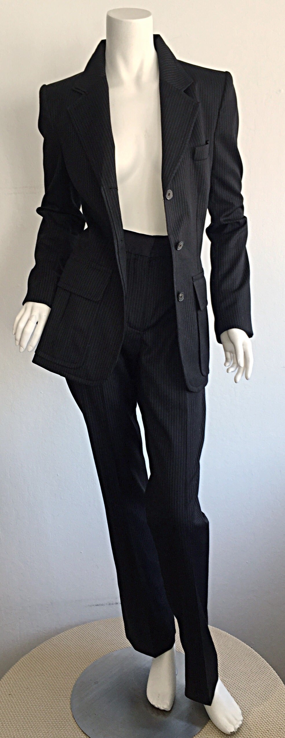 Tom Ford for Yves Saint Laurent Black + White Pinstripe Le Smoking Trouser Suit In New Condition In San Diego, CA