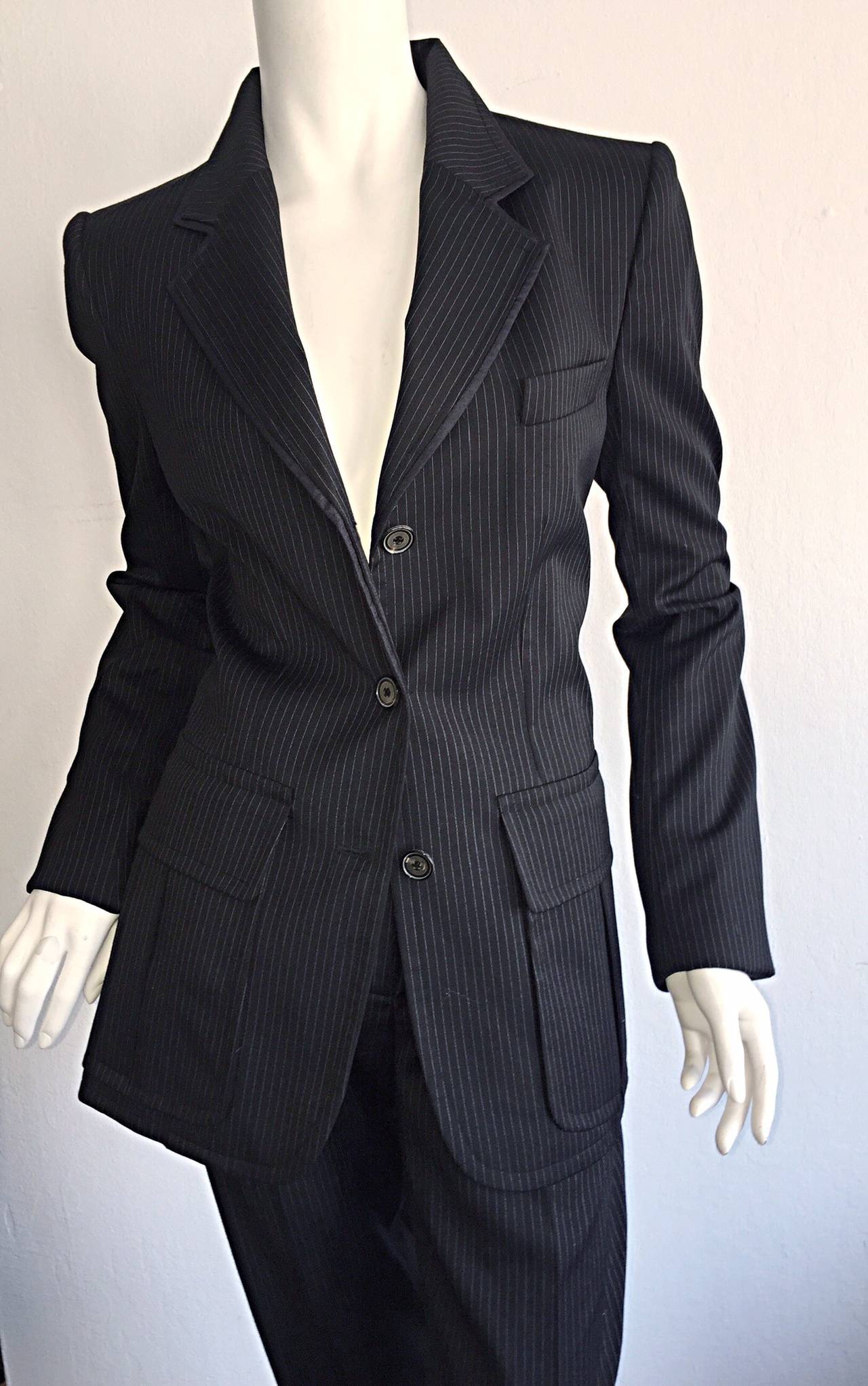 BRAND NEW, never worn, Yves Saint Laurent YSL  by Tom Ford! Classic take on the original 'le Smoking' suit by the ONE and ONLY Yves Saint Laurent! Black and white pinstripe, with a dark denim edging. Safari-style pockets on both sides of waist on