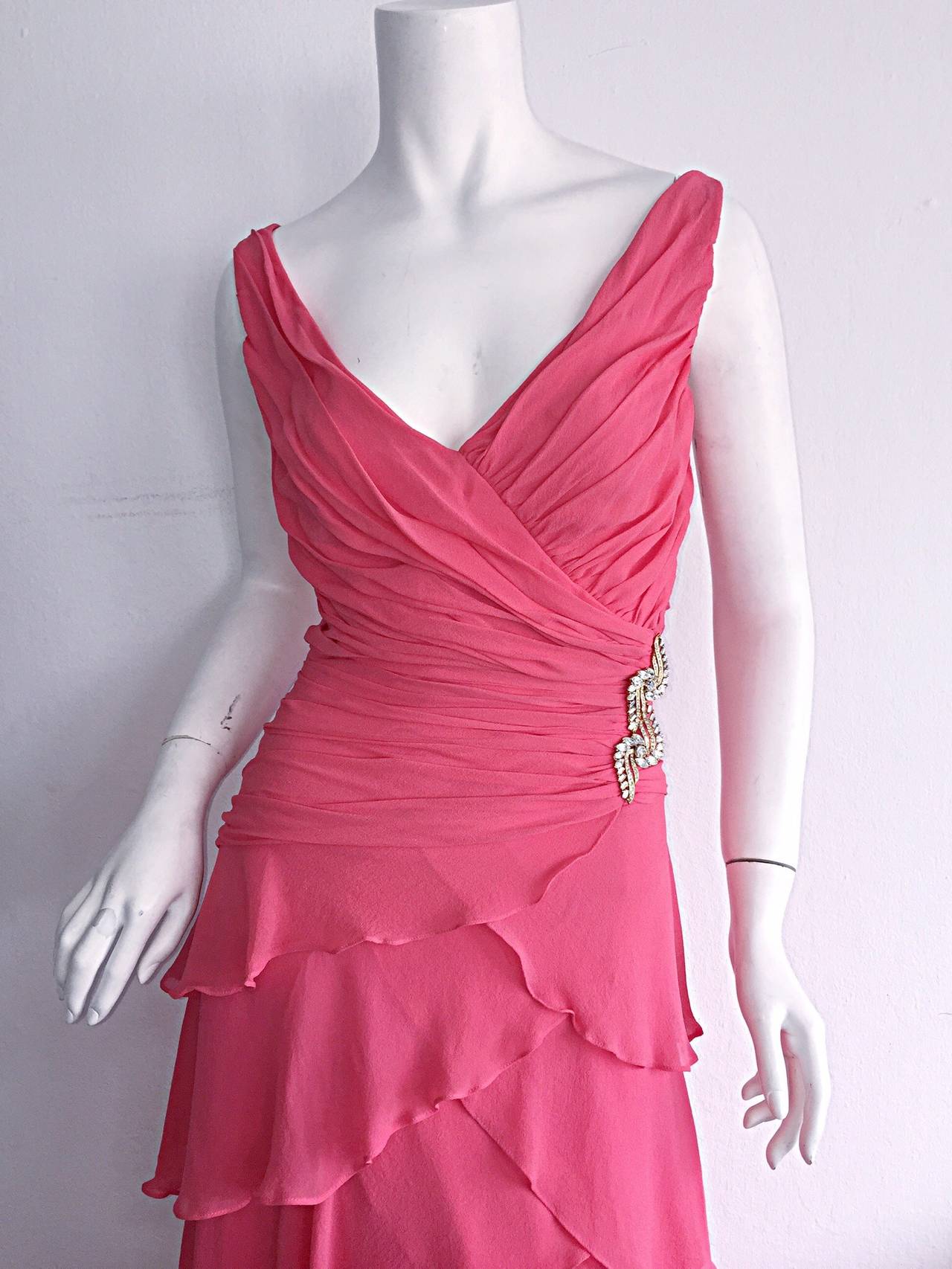 Beautiful 1990s Vintage Tadashi Shoji Pink Silk Chiffon Tiered Dress at ...