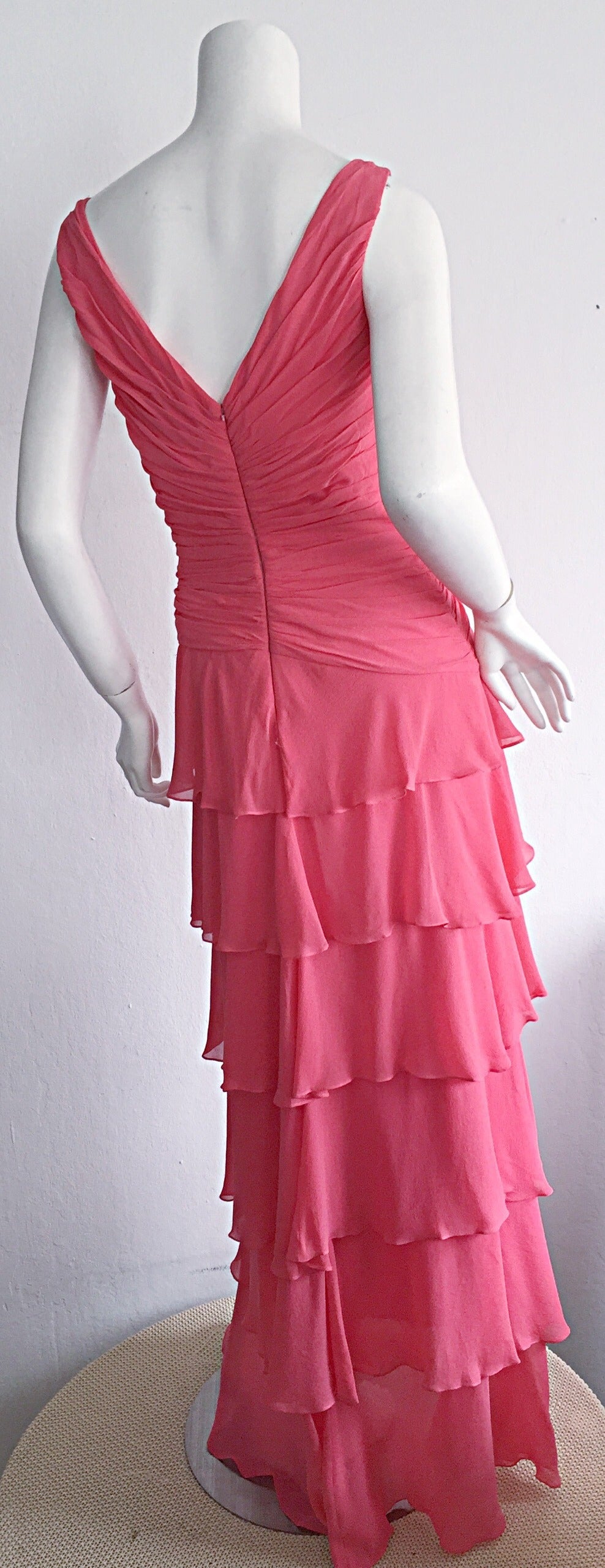 Beautiful 1990s Vintage Tadashi Shoji Pink Silk Chiffon Tiered Dress In Excellent Condition In San Diego, CA