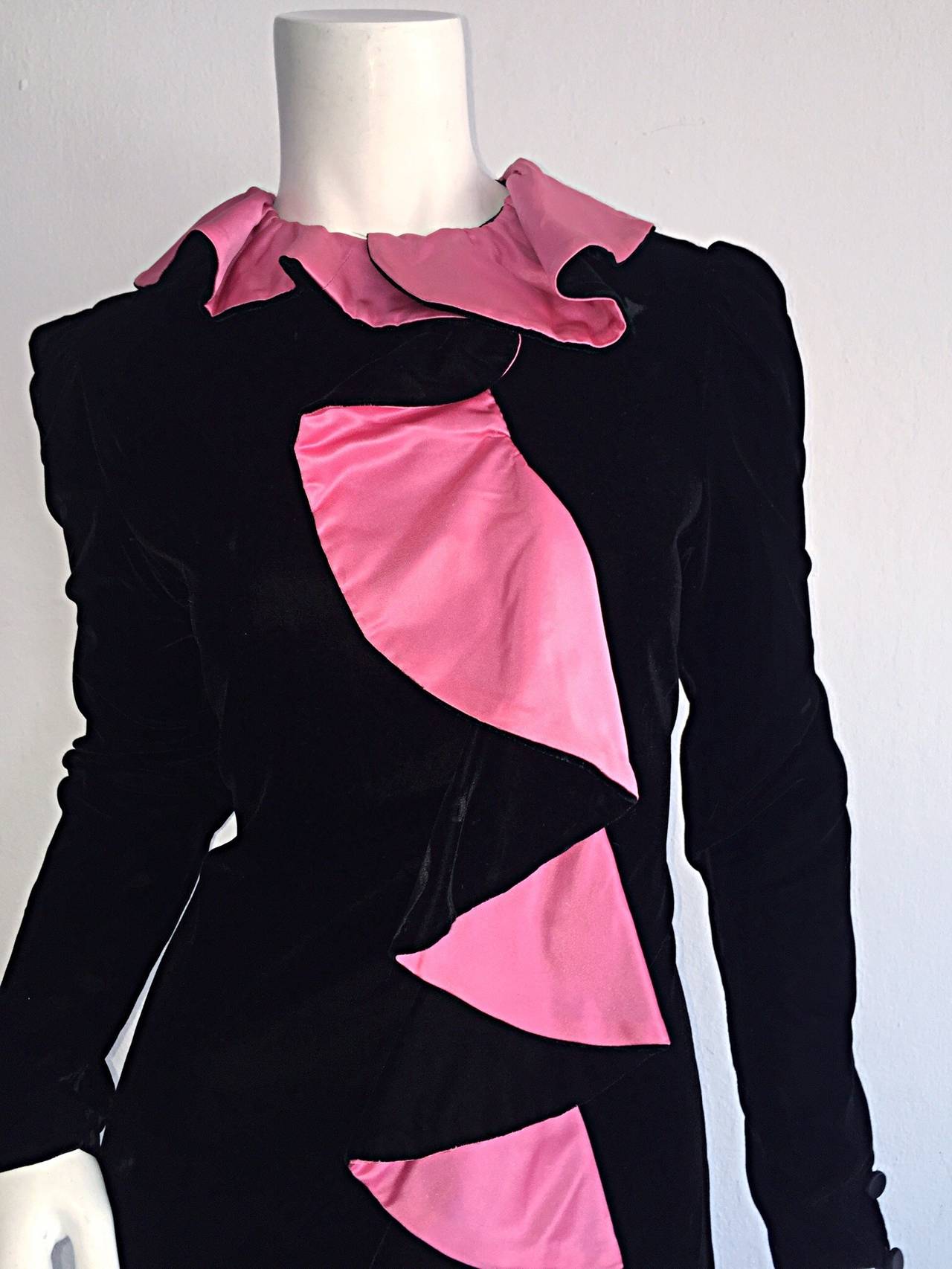 Vintage Oscar de la Renta Black + Pink ' Flamenco ' Style Silk Velvet Dress 1