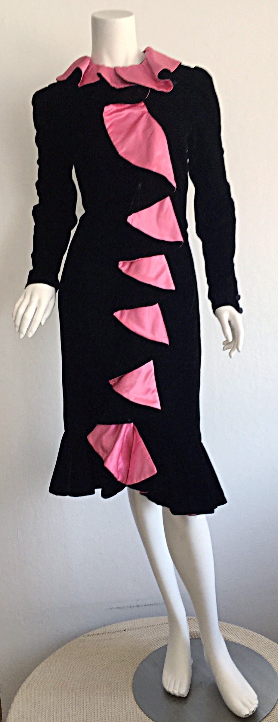 Vintage Oscar de la Renta Black + Pink ' Flamenco ' Style Silk Velvet Dress 2