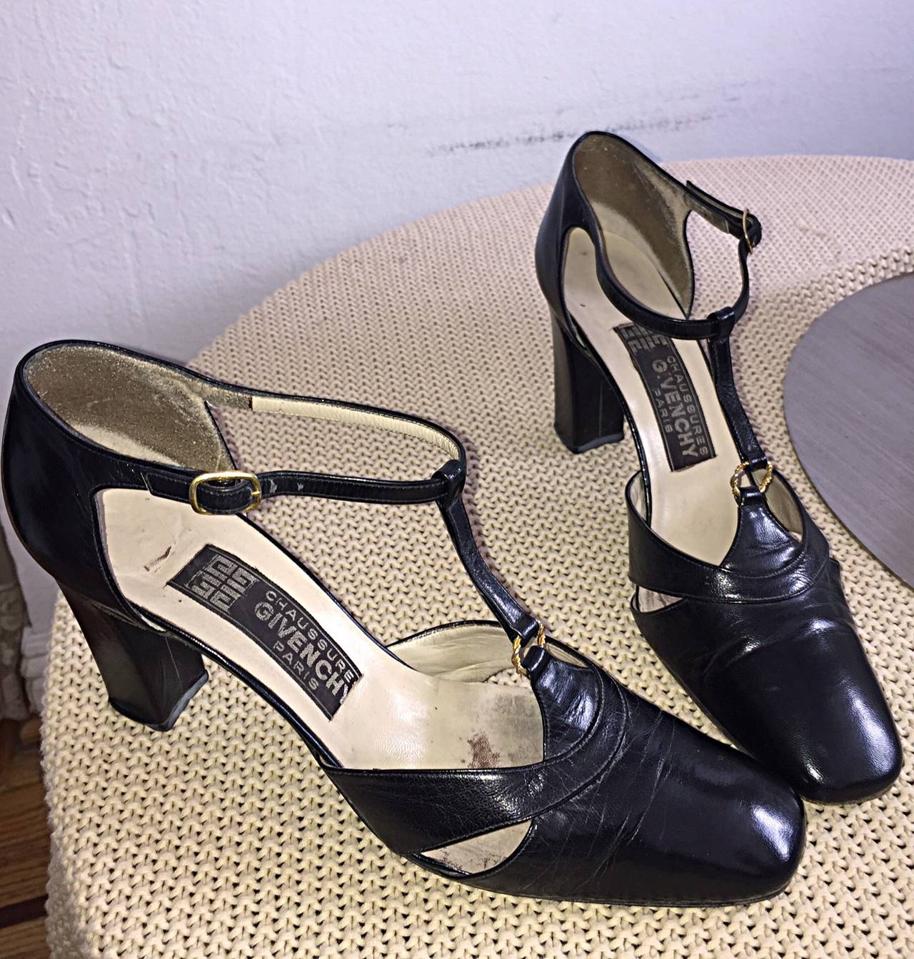 1960s Vintage Givenchy Black Leather Peekaboo T - Strap Heels Shoes ...
