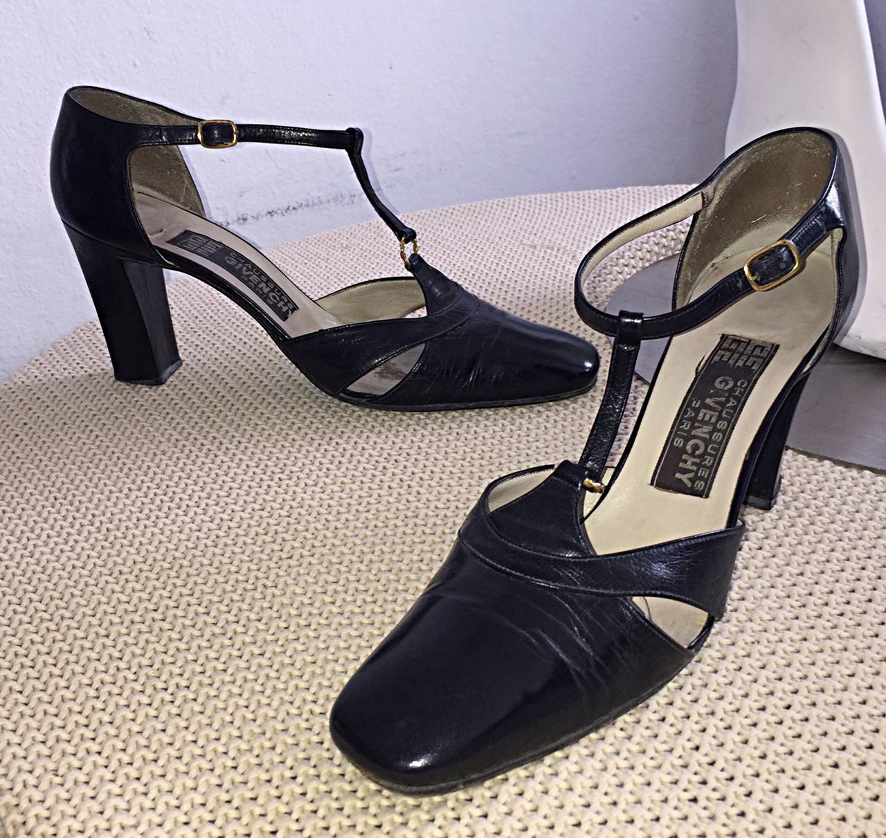 1960s Vintage Givenchy Black Leather Peekaboo T - Strap Heels Shoes ...