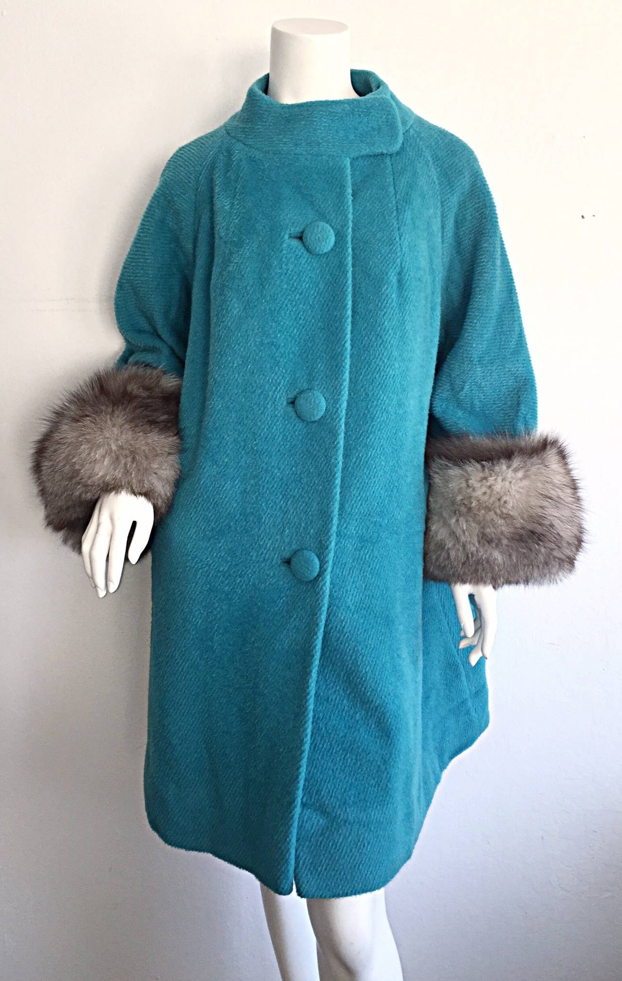Extraordinary 1960s Lilli Ann by Tisse a Paris Blue Swing Jacket Coat w/ Fox Fur 3
