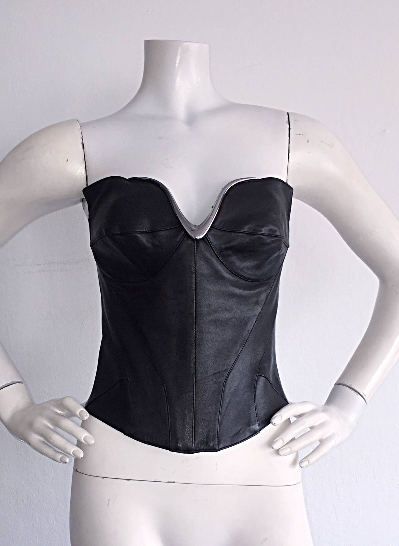Iconic Vintage Thierry Mugler Couture Black Leather Space Age Corset Bustier 1